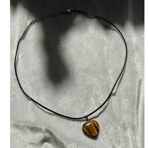Gorgeous Tigers Eye Bubble Heart Pendant on Leather Chain Necklace